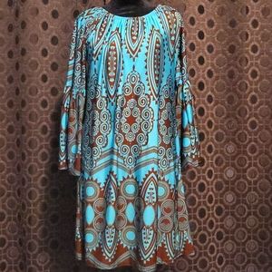 Lore & Mae Teal and Brown patter dress.  trumpet 3/4 sleeve.